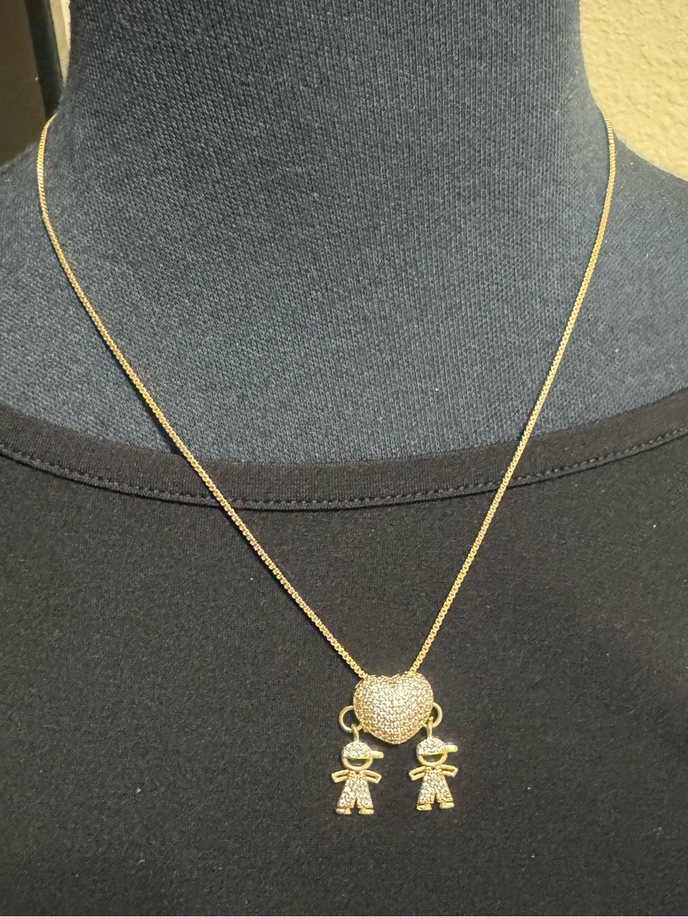 Gold Heart Pendant Necklace with Twin Charm Dangles(Two boys) smiling😊
